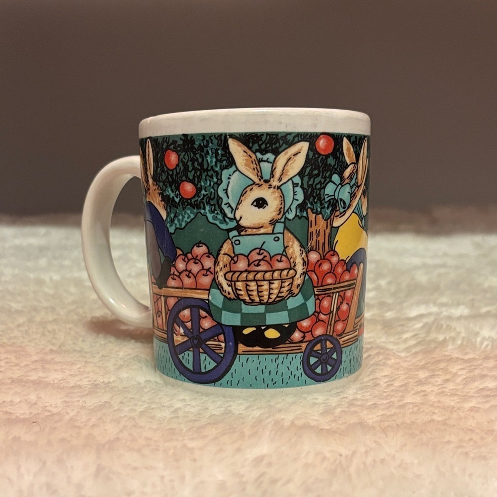 ☘️ BOGO FREE ☘️ Vintage Whimsical Rabbits with hats Mug Apples on carriage
